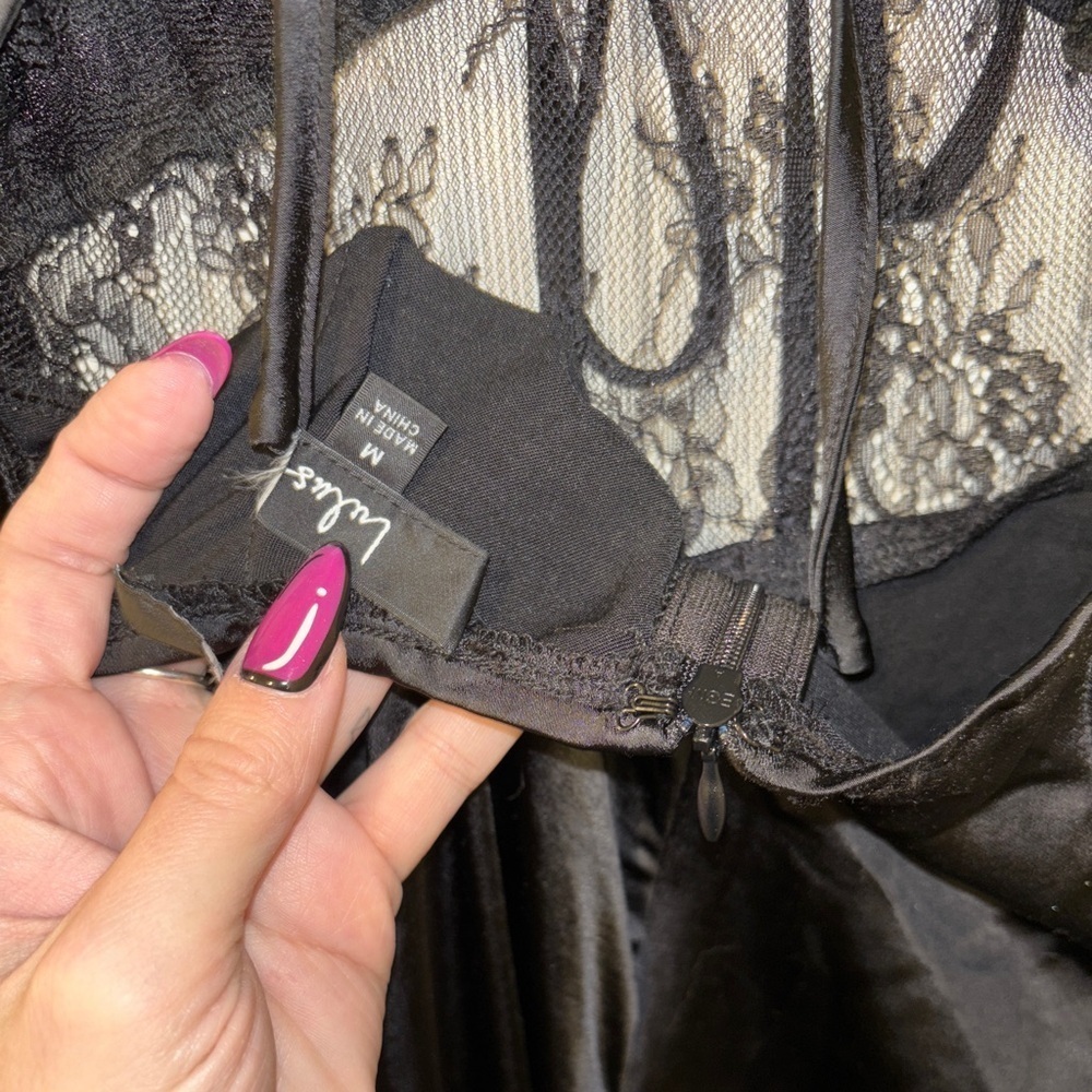 Size M - Lulus Undeniable Passion Black Satin Lace Tie-Front Cutout Jumpsuit - Picture 6 of 9